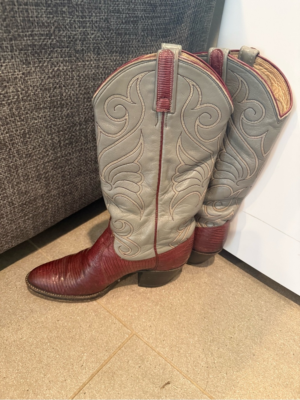 Dan Post Two-Tone Gray and Burgundy Leather Western Heeled Boots